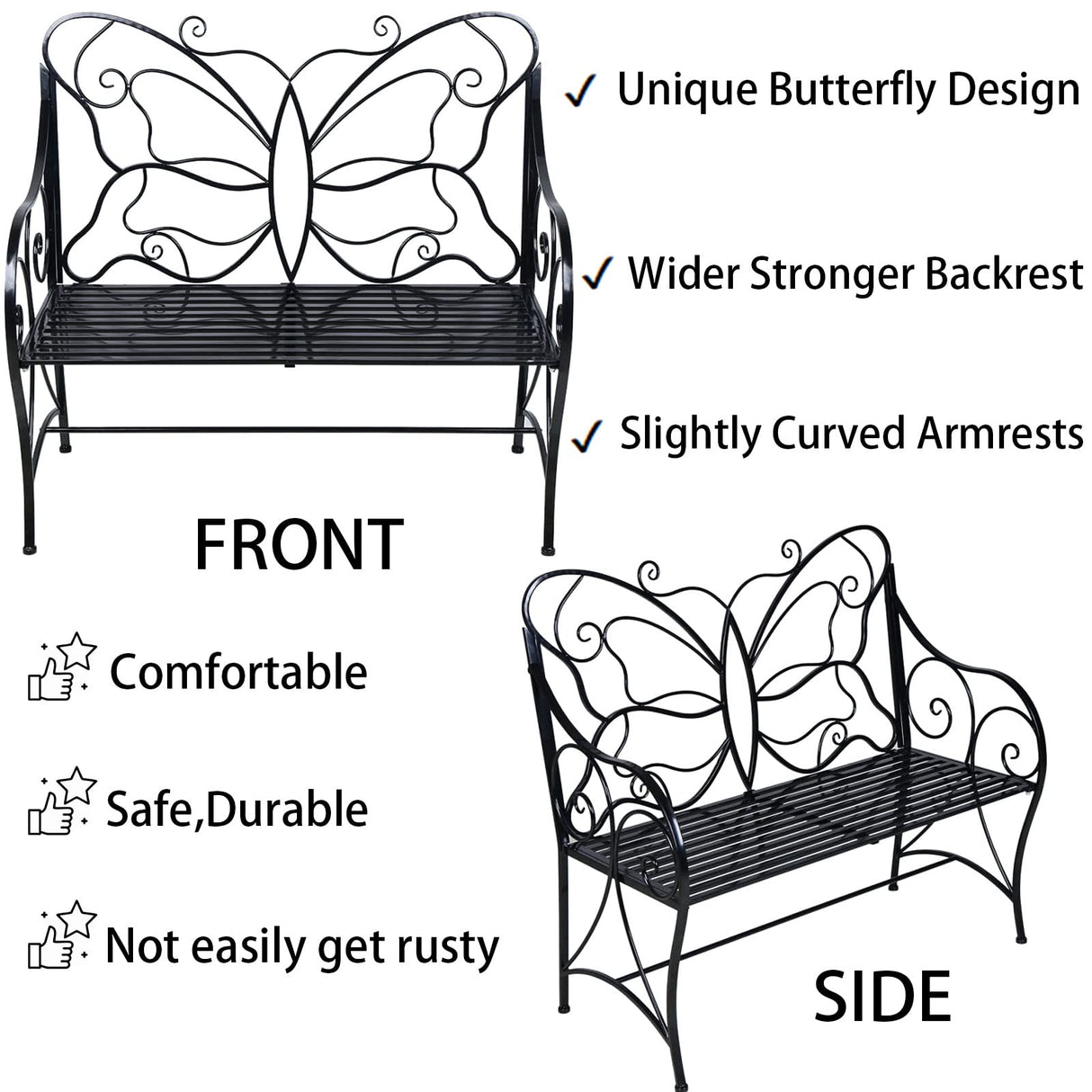 HLC Outdoor Bench Patio Outdoor Sturdy Rust-Resistant Garden Bench Butterfly Cast Iron Metal with Armrests for Garden, Park,Yard, Patio, Porch, Lawn Double Seats Black HLC