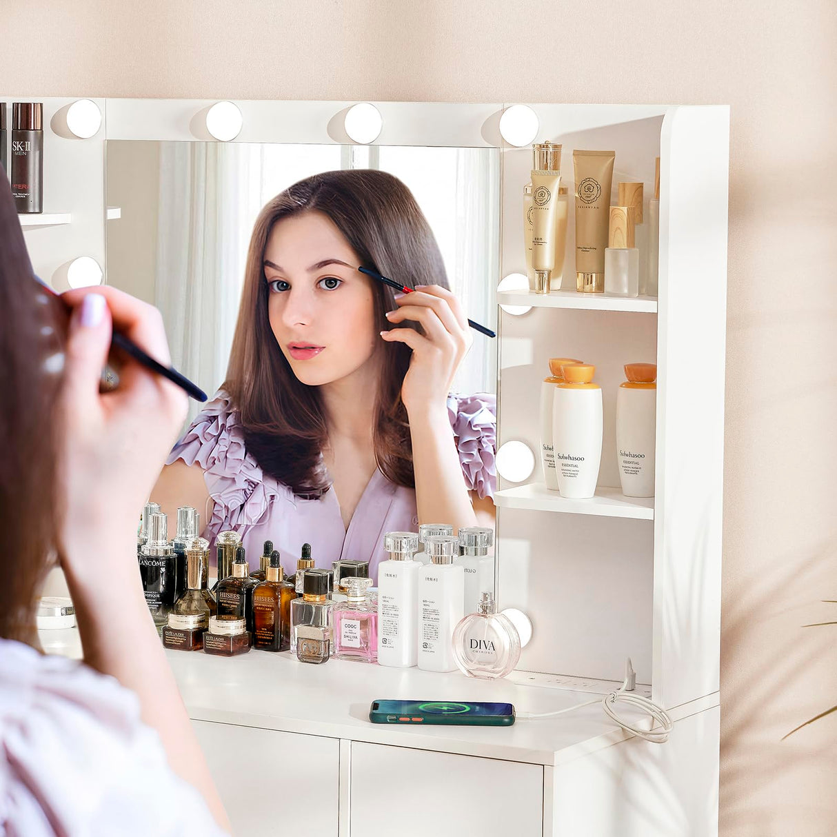 Quimoo Large Vanity Desk with LED Lighted Mirror & Power Outlet,Makeup Vanity Table with 7 Drawers,4 Shelves and 5 Hooks,Vanity Table, Vanity Desk Set for Bedroom,Bathroom,White Quimoo