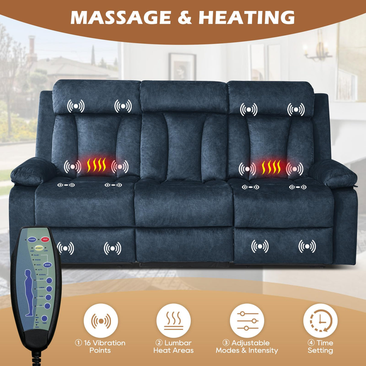 Consofa Power Reclining Sofa with Heat and Massage, Electric Reclining Couch with Drop Down Table,Cup Holders, Dual Ports, Wall Hugger Recliner Sofa for Living Room,Home Theater (Blue, Sofa) Consofa