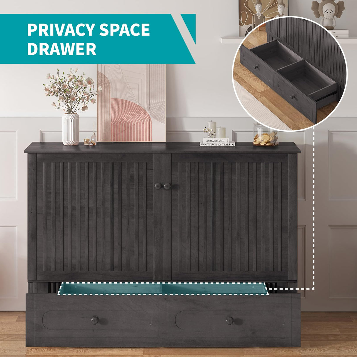 BALUS Murphy Cabinet Bed, Queen Size Cabinet Chest Bed with USB Charging Station, Tri-Fold Mattress, 2 Storage Drawers Modern Convertible Wooden Wall Beds for Apartment Bedroom - Dark Grey BALUS