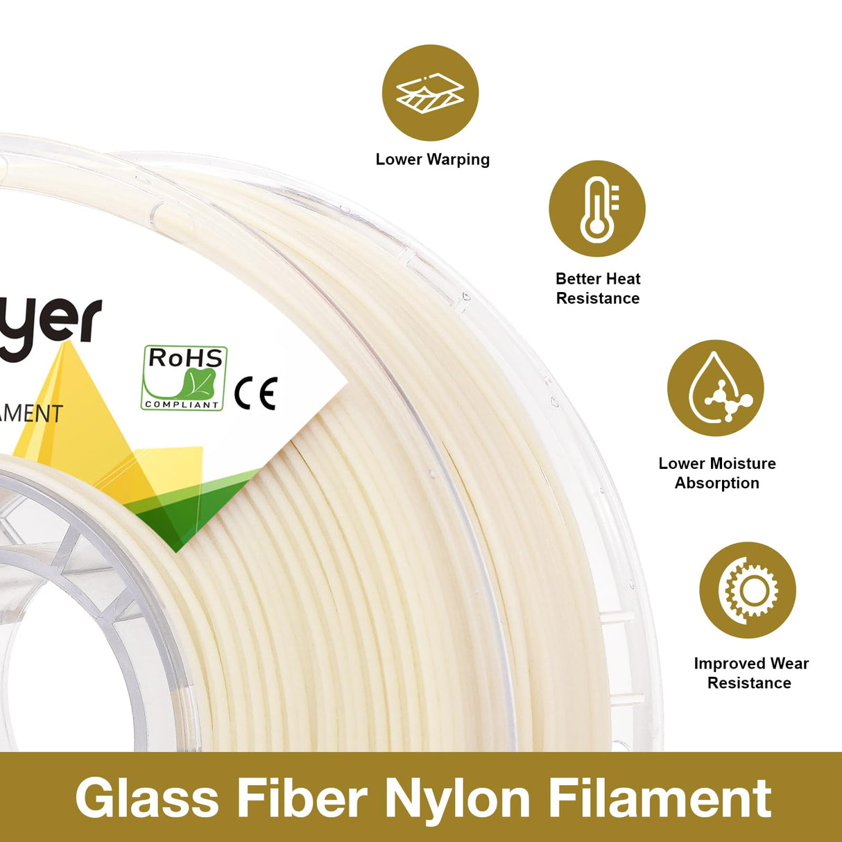 Nylon Glass Filled Filament Nylon Glass Fiber 3D Printer Filament PA6-GF 1kg with AMS-Compatible Reusable PC Spool, Dyable Nautre White (Nature White) yxpolyer