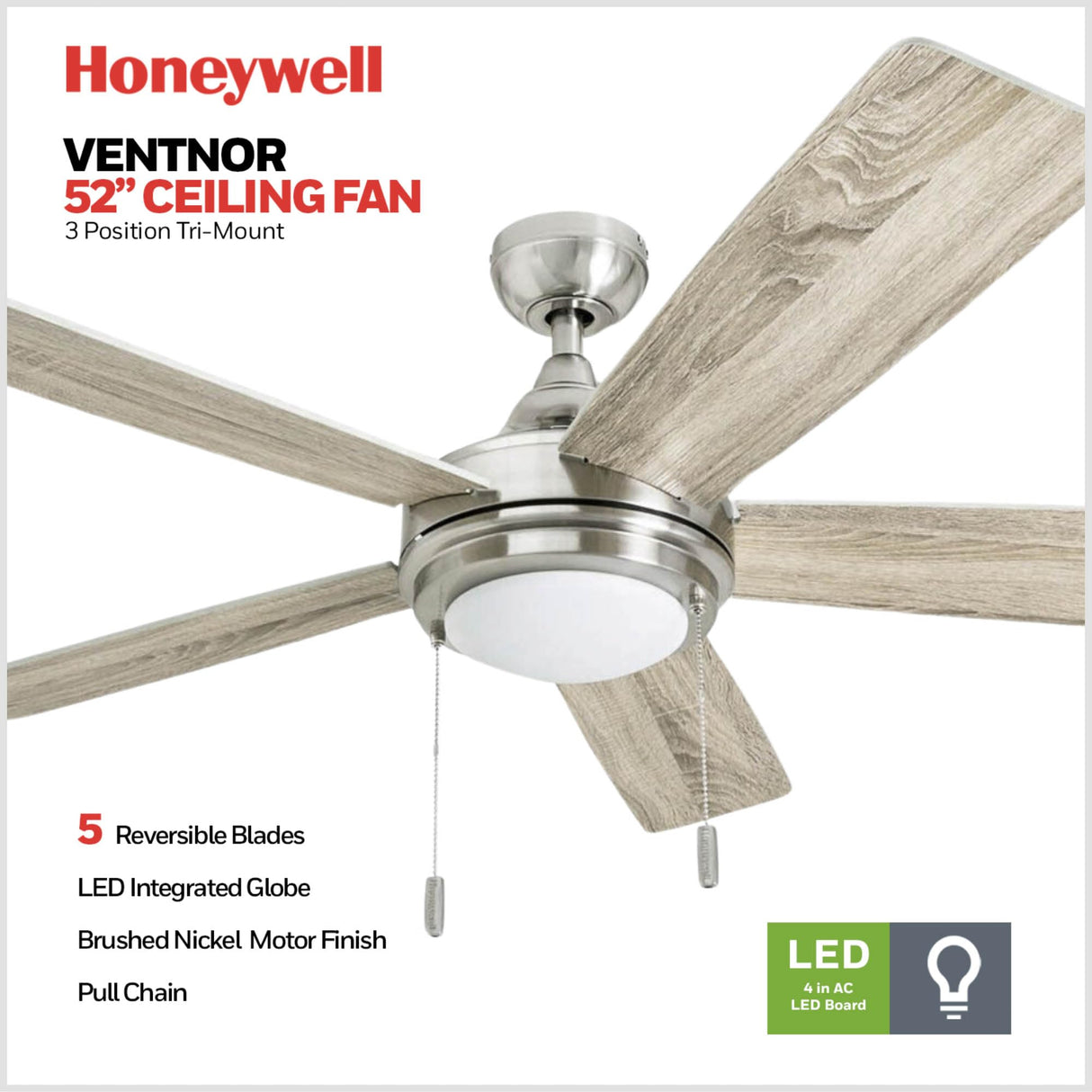 Honeywell Ceiling Fans Ventnor, 52 Inch Modern Farmhouse Indoor LED Ceiling Fan with Light, Pull Chain, Three Mounting Options, Dual Finish Blades, Reversible Motor - 50606-01 (Brushed Nickel) Honeywell