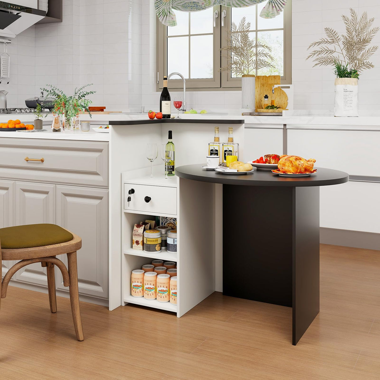 SILKYDRY Reception Desk, Small Retail Checkout Counter with Lockable Drawer and Open Shelves, Wooden Computer Workstation for Home Office Lobby, White Oval Desktop & Black Counter SILKYDRY