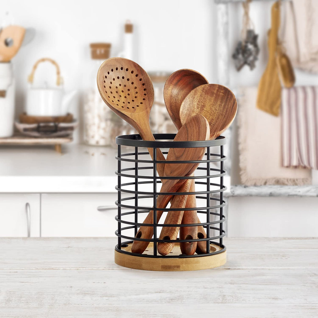 WDT Tool Utensil holder for Kitchen Counter - 5.2" x 5.2" x 6" Large Round with Wooden Base Matte Black Cooking Utensil Holder Utensil Organizer (Metal+Bamboo) WDT Tool