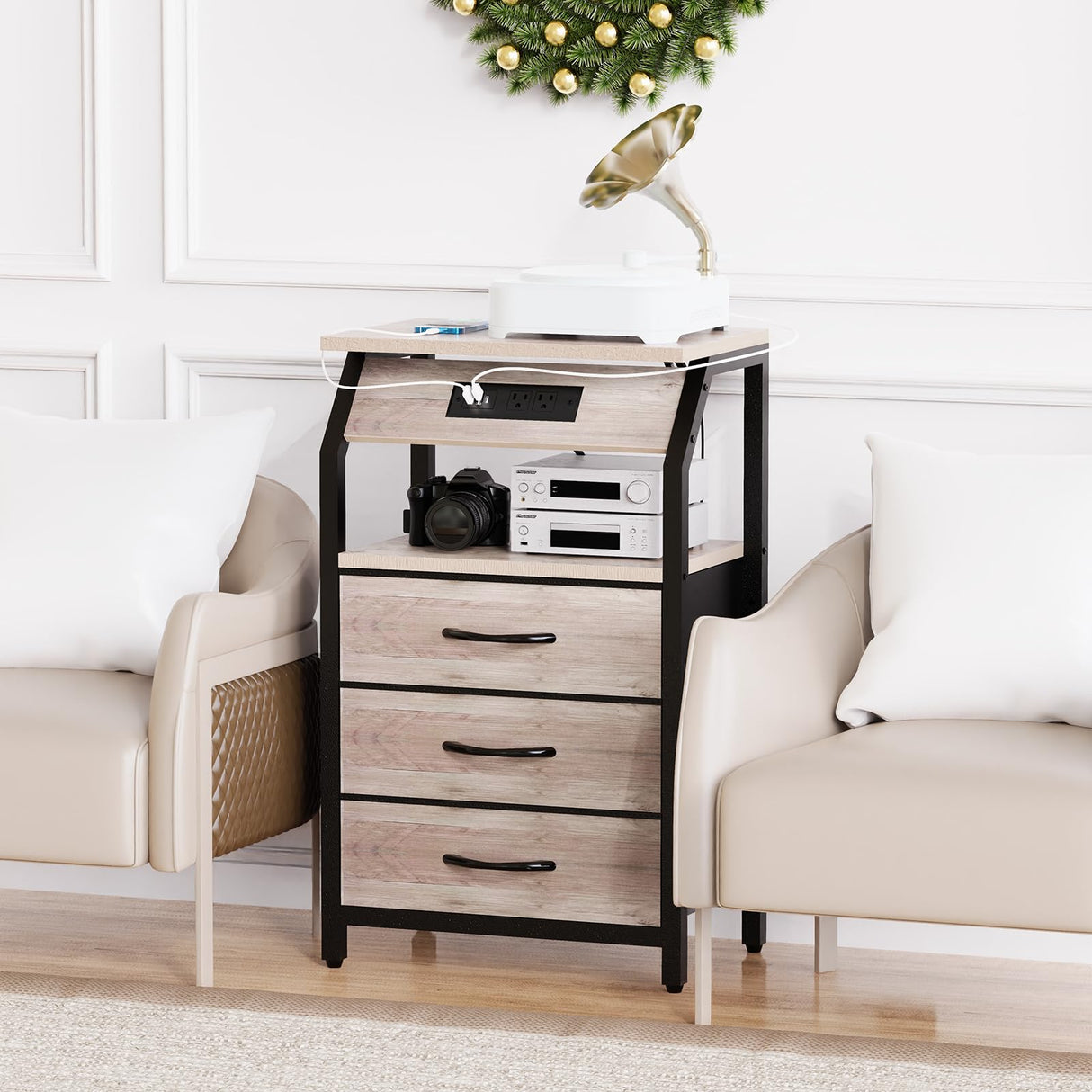 SZLHANJZ End Table with 3 Drawers, Night Stand with Charger Station and LED Lights, Small Nightstand with Fabric Storage, Farmhouse Side Table for Bedside, Living Room, Dorm, Greige SZLHANJZ