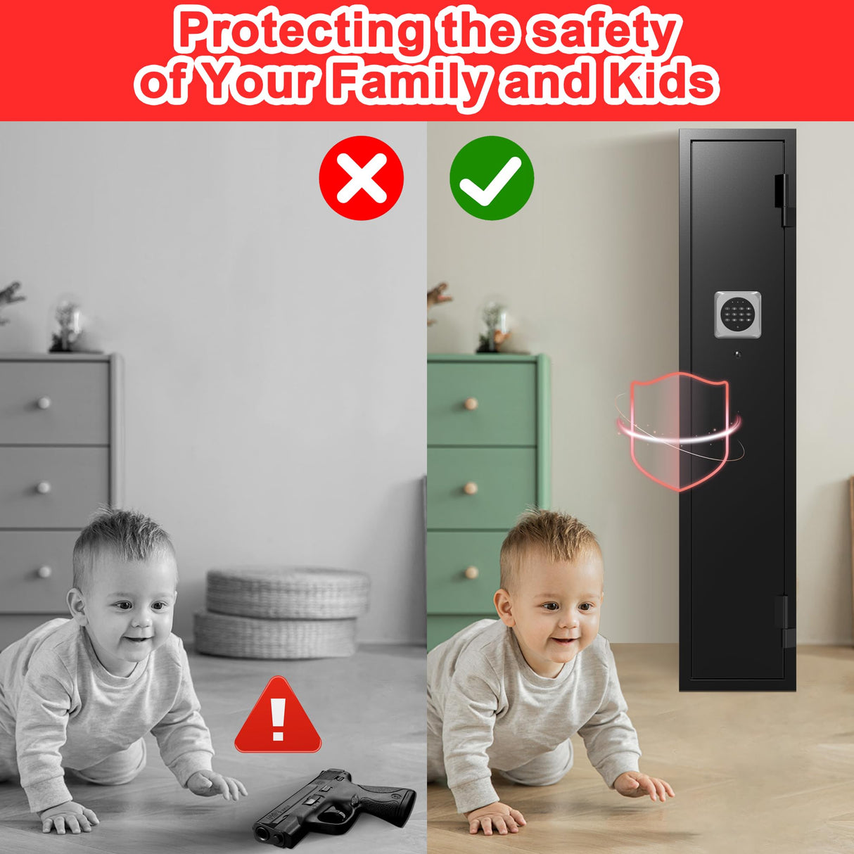 Emasme 2 Gun Safe, Gun Safe for Rifles and Pistols, Quick Access Long Gun Safes for Rifles, Electronic Gun Cabinet with Removable Gun Rack, Pistols Pockets for Home Office Garage (2-3 Guns Safe) Emasme