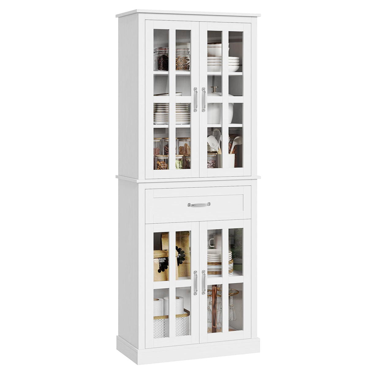 FOTOSOK 71'' Kitchen Pantry Cabinet, Tall Kitchen Cabinet Pantry Cabinet with Glass Doors and Drawer, Freestanding Food Pantry Kitchen Hunch with FOTOSOK