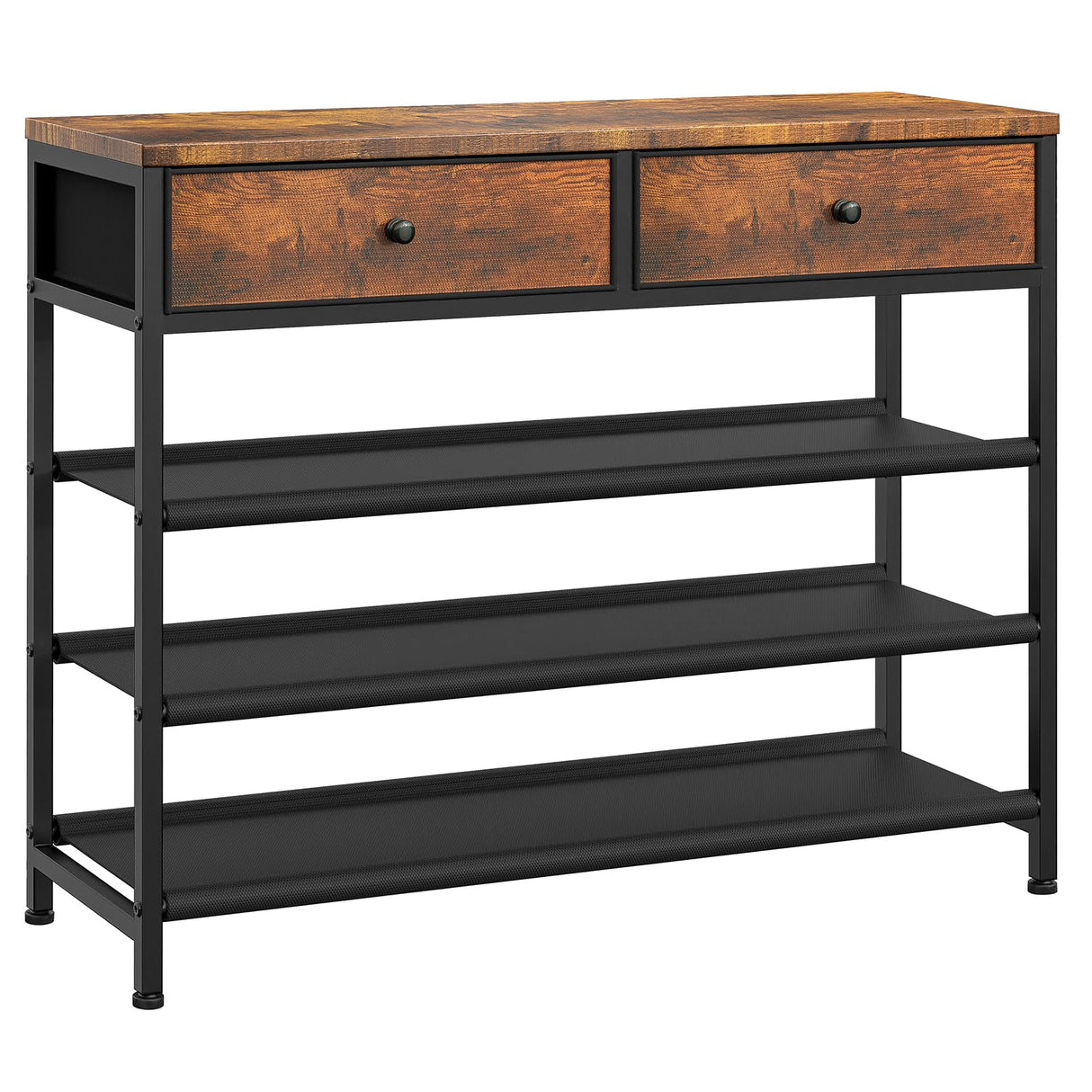 usikey Shoe Rack, 4 Tier Shoe Storage Organizer with 2 Drawers, Metal Shoe Shelf for 12-15 Pairs of Shoes, with 3 Fabric Shelves and Wooden Top, Shoe Stand for Closet Entryway, Rustic Brown usikey