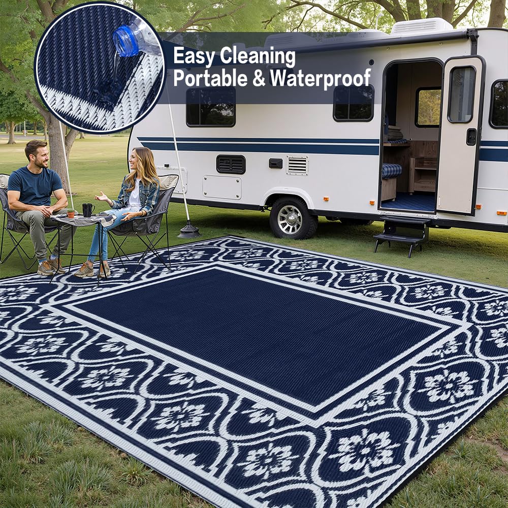 HUGEAR RV Outdoor Rug Waterproof Mat 9'x12' Camping Carpet Blue Outside Area Rugs Reversible Rugs for Deck Entryance Porch Picnic Balcony Beach HUGEAR