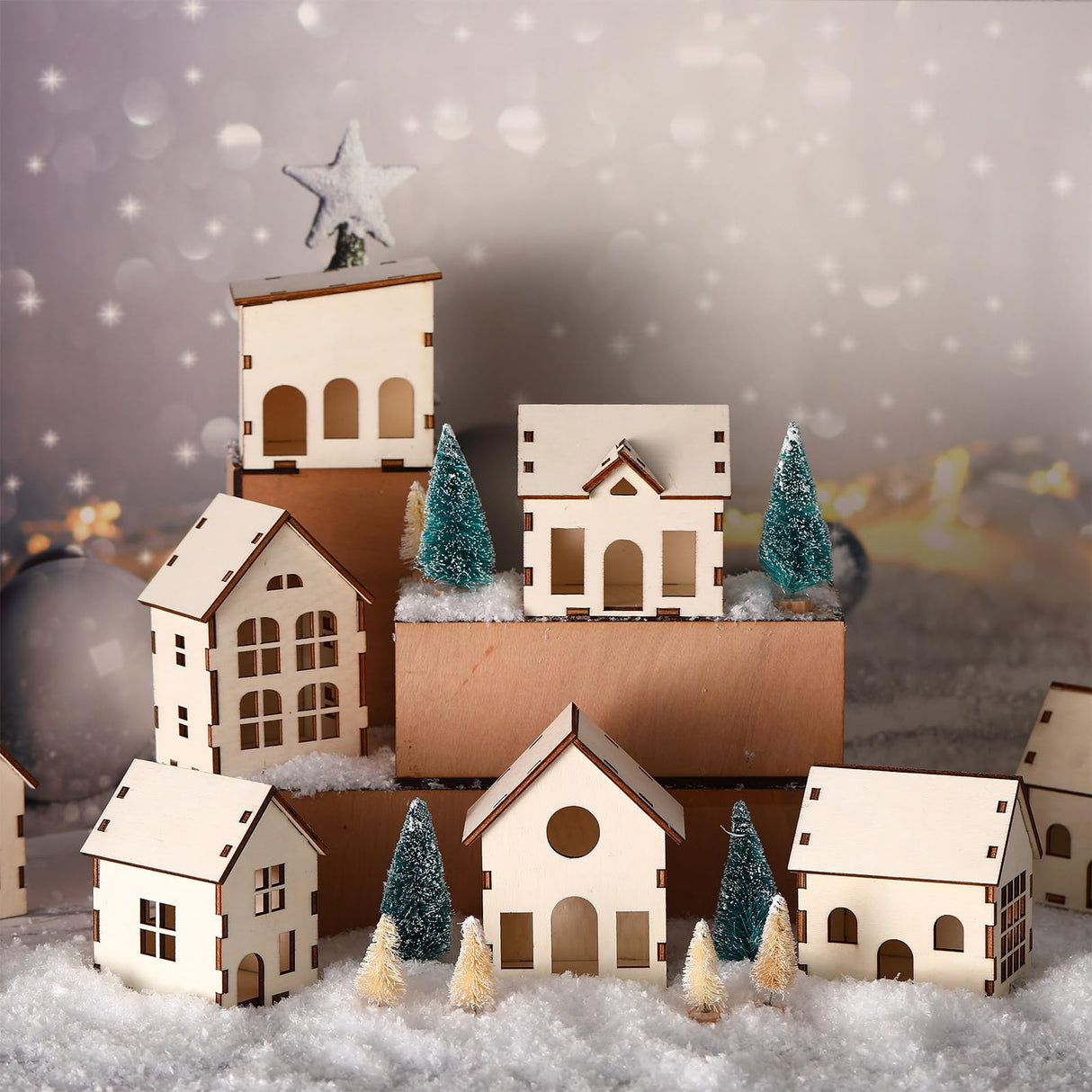 Hiboom 12 Pcs DIY Christmas Village Sets Wood Village Houses Christmas Mini Wooden House Gift for Winter Xmas Party Decorations Hiboom