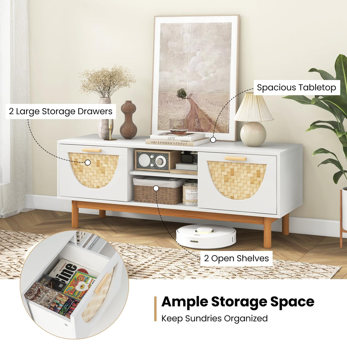 Tangkula TV Stand for 55 Inch TVs, Mid Century Modern Entertainment Center w/2 Drawers & Bamboo Woven Fronts, TV Console Table Media Cabinet w/Solid Wood Legs for Living Room (White, 47.5”, for 55"TV) Tangkula