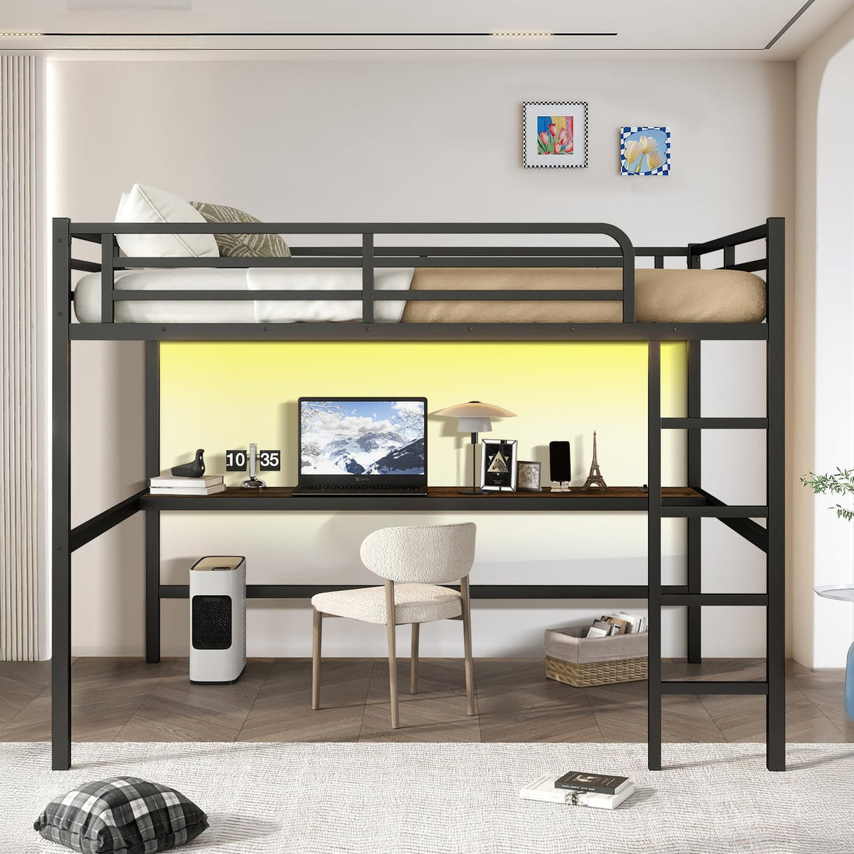 MAKIAAP Loft Bed with Desk & Ladder, Metal High LoftBed Frame with LED Lights & Charging Station, Sturdy Noise-Free Loft Bed for Kids, Teens & Adults, Space-Saving Design (Black, Queen) MAKIAAP