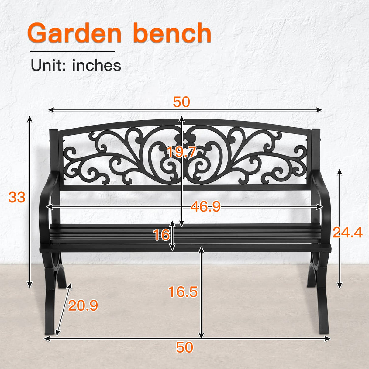 FDW Patio Garden Bench 50 inch Outdoor Metal Loveseat Chairs with Armrests Slatted Seat and w/Floral Design Backrest for Park, Yard, Porch, Lawn, Balcony, Backyard, Black FDW
