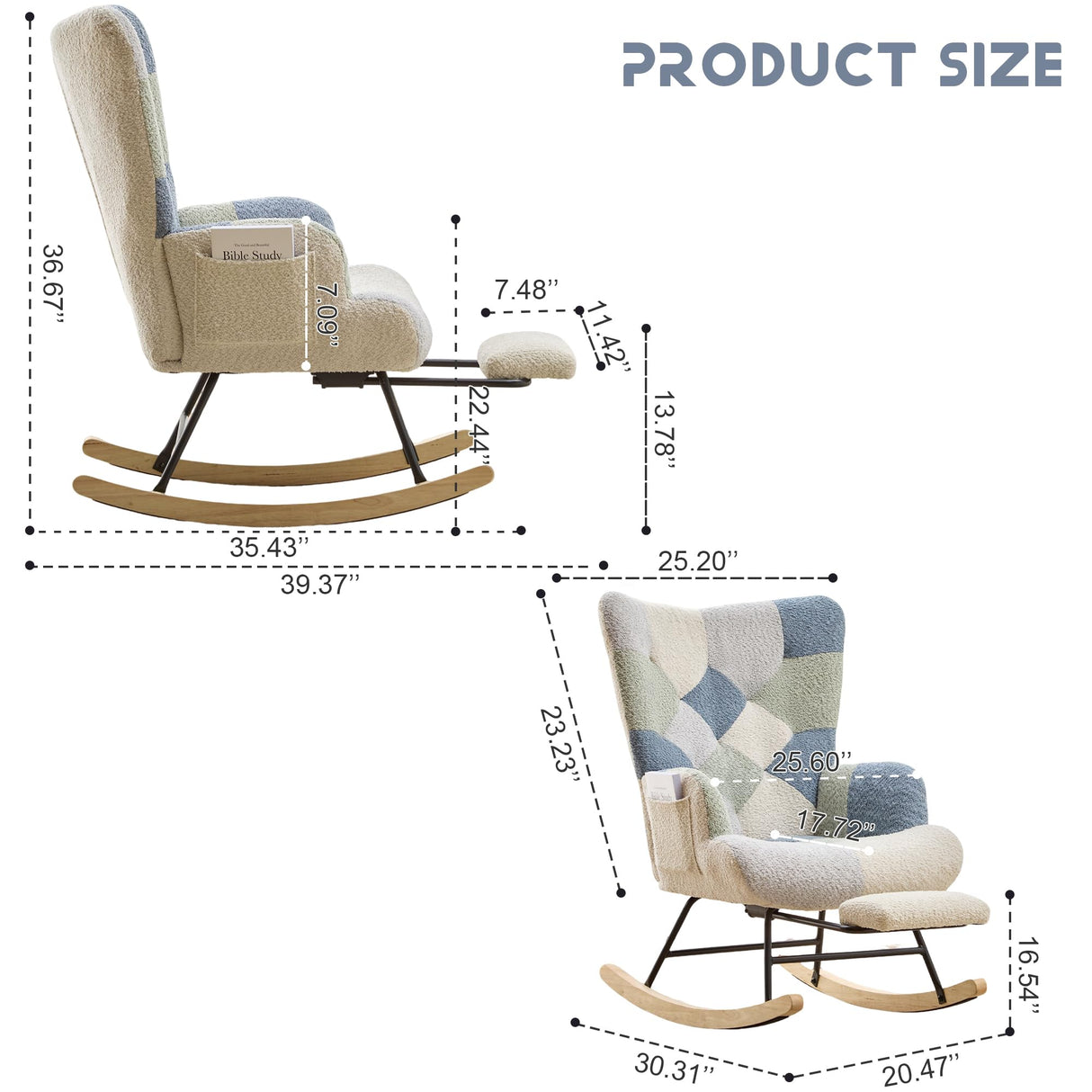 ETCZOYE Modern Nursery Rocking Chair, Teddy Upholstered Glider Rocker with Footrest, Comfortable Rocker Recliner with Side Pocket for Living Room, Bedroom, Office, Large Spliced Dark Blue ETCZOYE