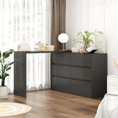 TAMUNE L-Shaped Dressing Table with 6 Drawers, Extendable Vanity Desk and Dresser Combo, Wood Vanity Dresser Makeup Desk, Wide Desktop for Bedroom Dressing Room Black (51.2”W x 47.2”D x 32.7”H)