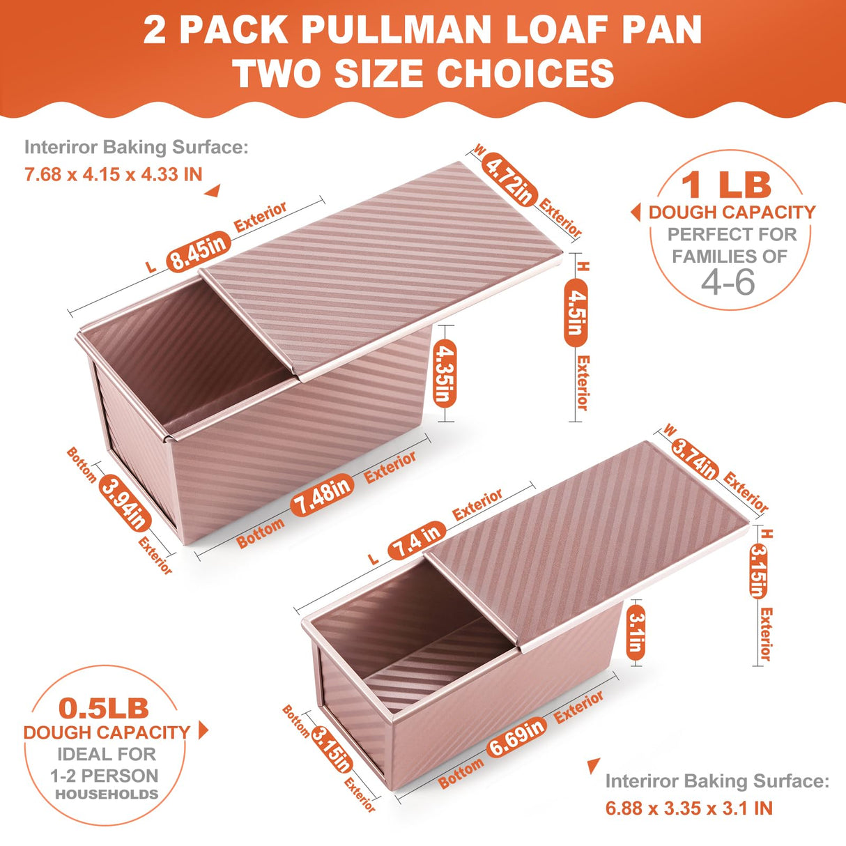 Pavsrmy 2 Pack Pullman Loaf Pan with Lid, 1 lb/0.5 lb Dough Capacity, Premium Non-Stick Sandwich Bread Loaf Pan with Lid, Carbon Steel Corrugated Bread Toast Box Mold with Cover for Baking Pavsrmy