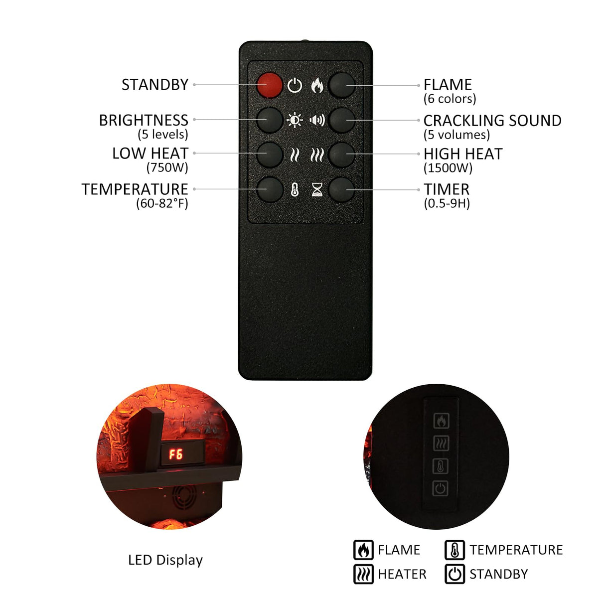 PuraFlame 24" Free Standing Electric Fireplace Log Set Insert, 750W/1500W Heater, 6 Flame Colors with 5 Brightness, Crackling Sound, Remote Control PuraFlame