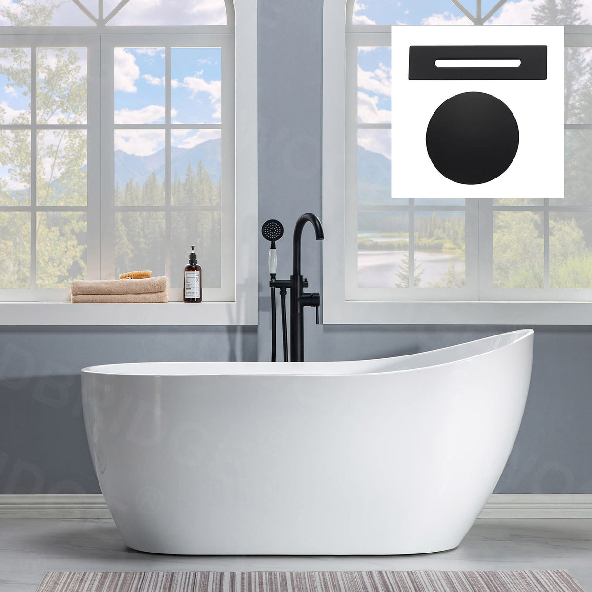 WOODBRIDGE 59" Acrylic Freestanding Bathtub Contemporary Soaking Tub with Matte Black Drain and Overflow WOODBRIDGE