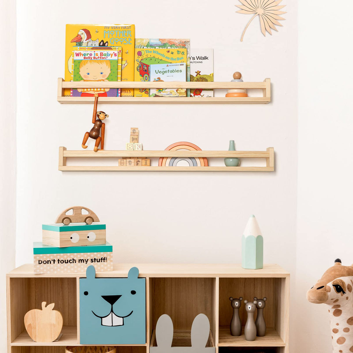 Fun Memories Nursery Book Shelves - Rustic Natural Solid Wood Floating Bookshelf for Kids - Wall Book Shelves for Kids Room (Natural, 32inch - 2P) Fun Memories