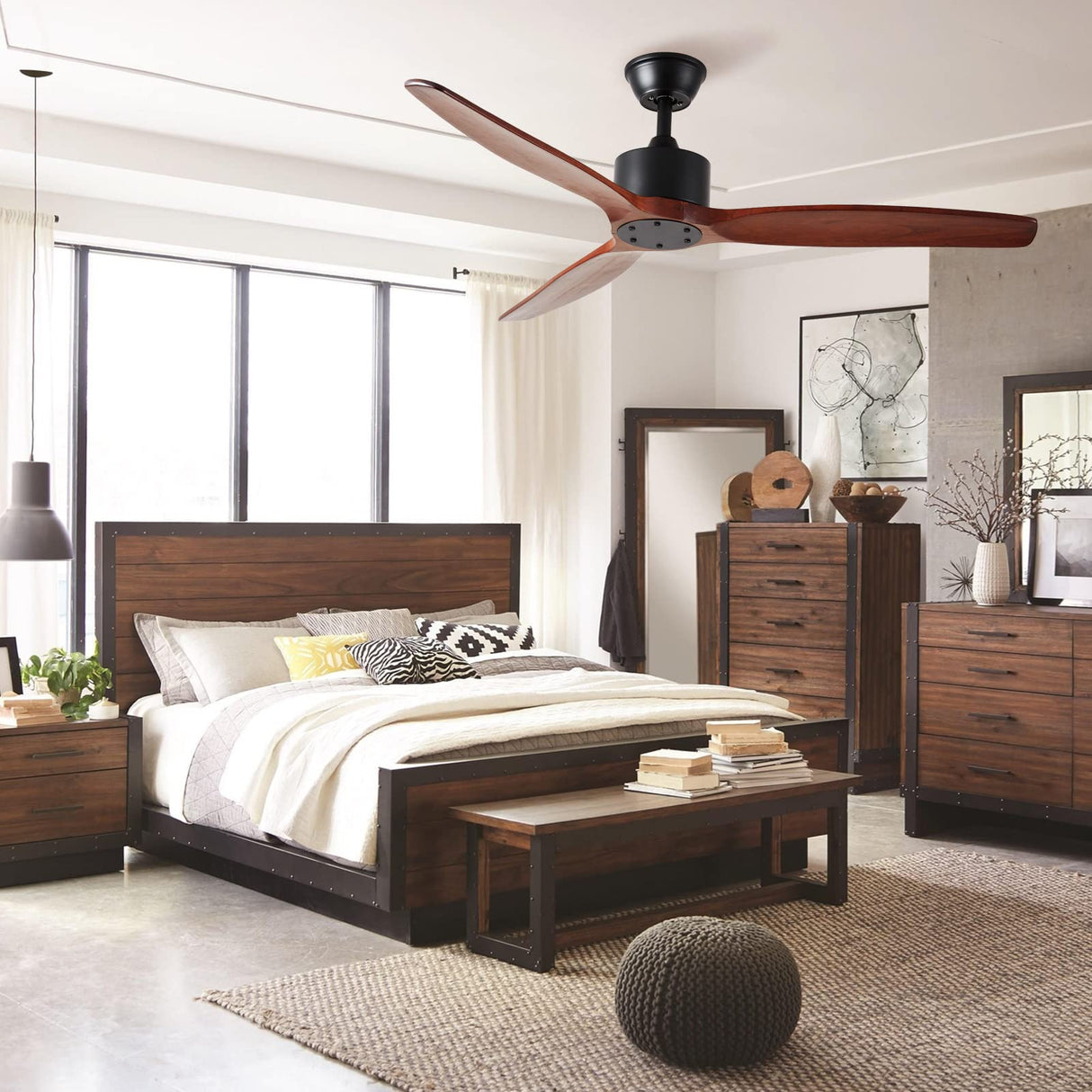 Yifi Deco 52'' Wood Ceiling Fan No Light, Indoor Outdoor Ceiling Fan with Remote, Noiseless Reversible DC Motor 3 Blade Walnut Ceiling Fan Without Light for Farmhouse Patio Living Room Bedroom Yifi Deco