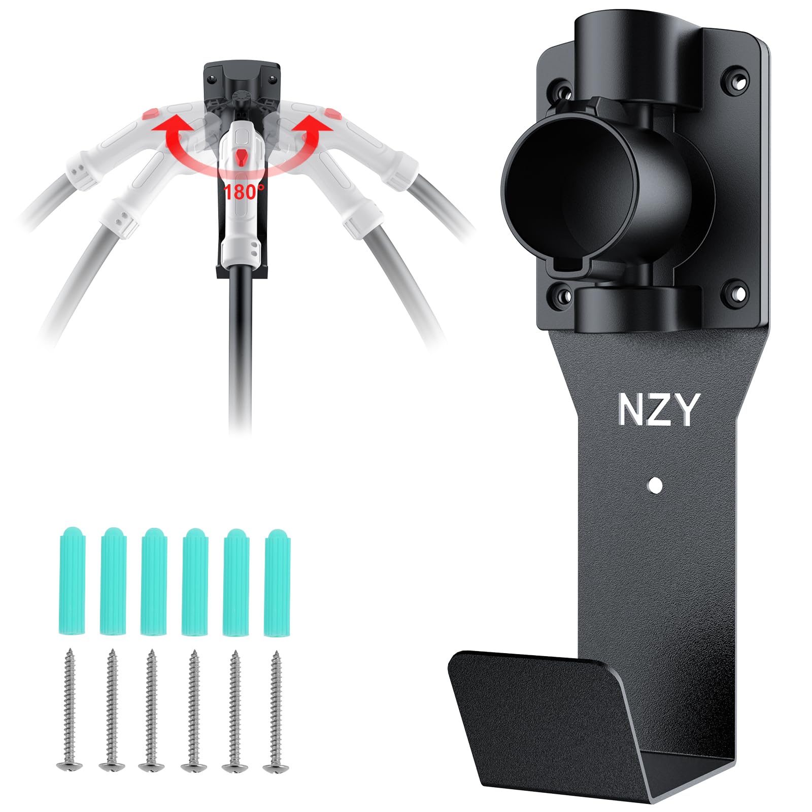 EV Charger Holder Wall Mount With 180° Rotation - J1772 Connector Holster & Cable Organizer For Electric Vehicles