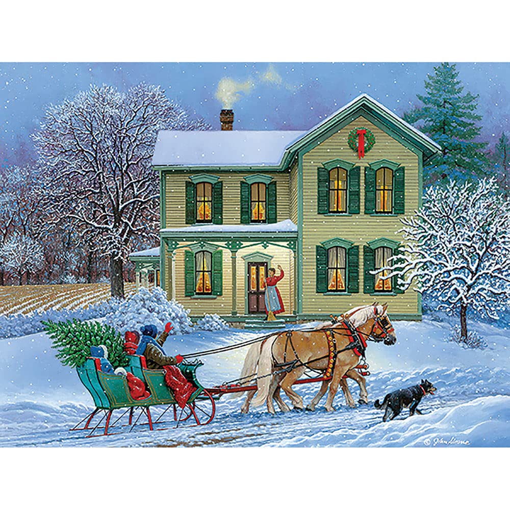 Bits and Pieces - 300 Piece Jigsaw Puzzle for Adults 18" x 24" – Grandma’s House – Winter Holiday Snow Christmas Tree Sled Horse Ride 300 pc Large Piece Jigsaw by Artist John Sloane Bits and Pieces