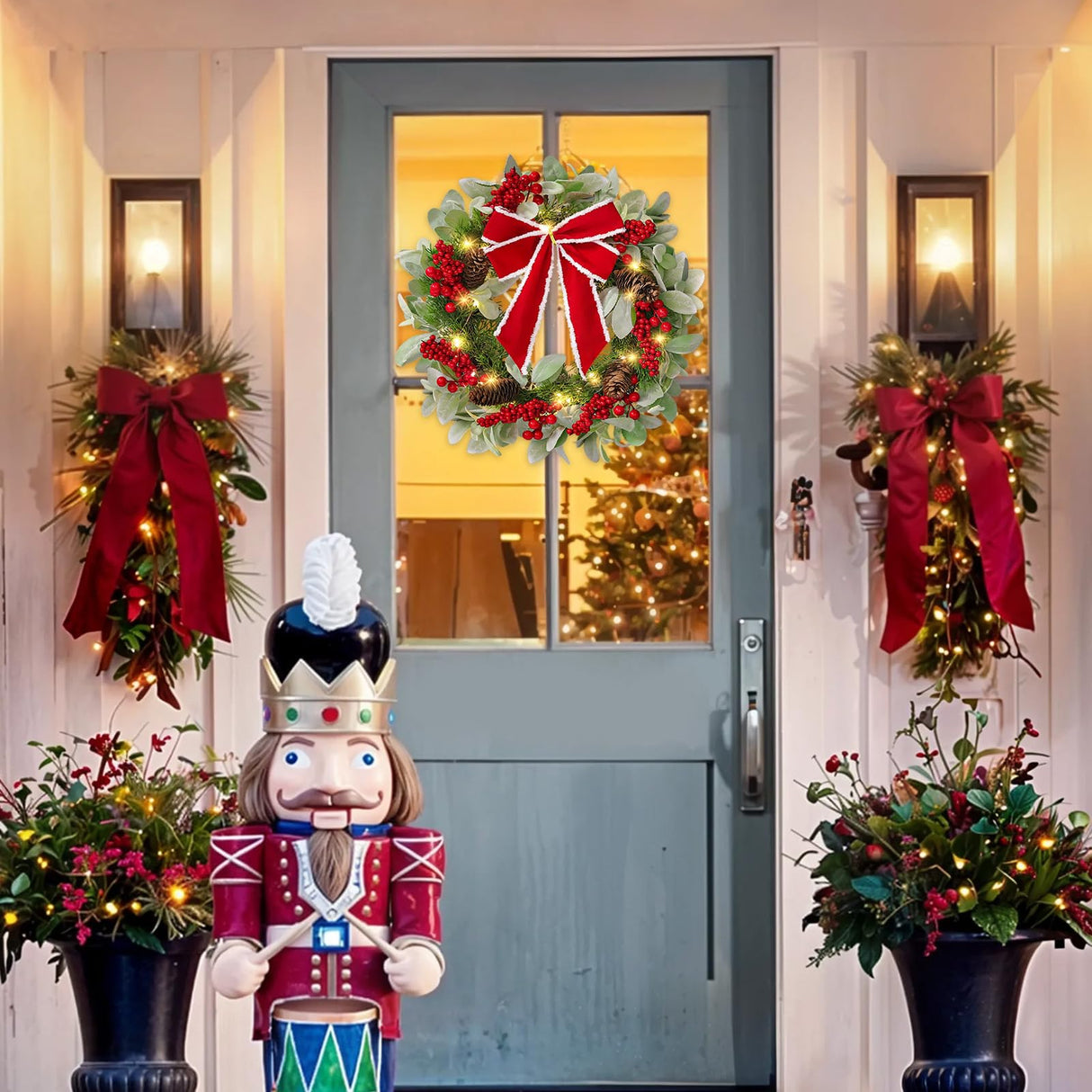 N&T NIETING 20 in Artificial Christmas Wreath for Front Door, Pre-lit Wreaths with Red Bow, Outdoor Christmas Wreaths with Lights Wreath Decorations for Kitchen Wall Home Holiday Xmas Decor N&T NIETING