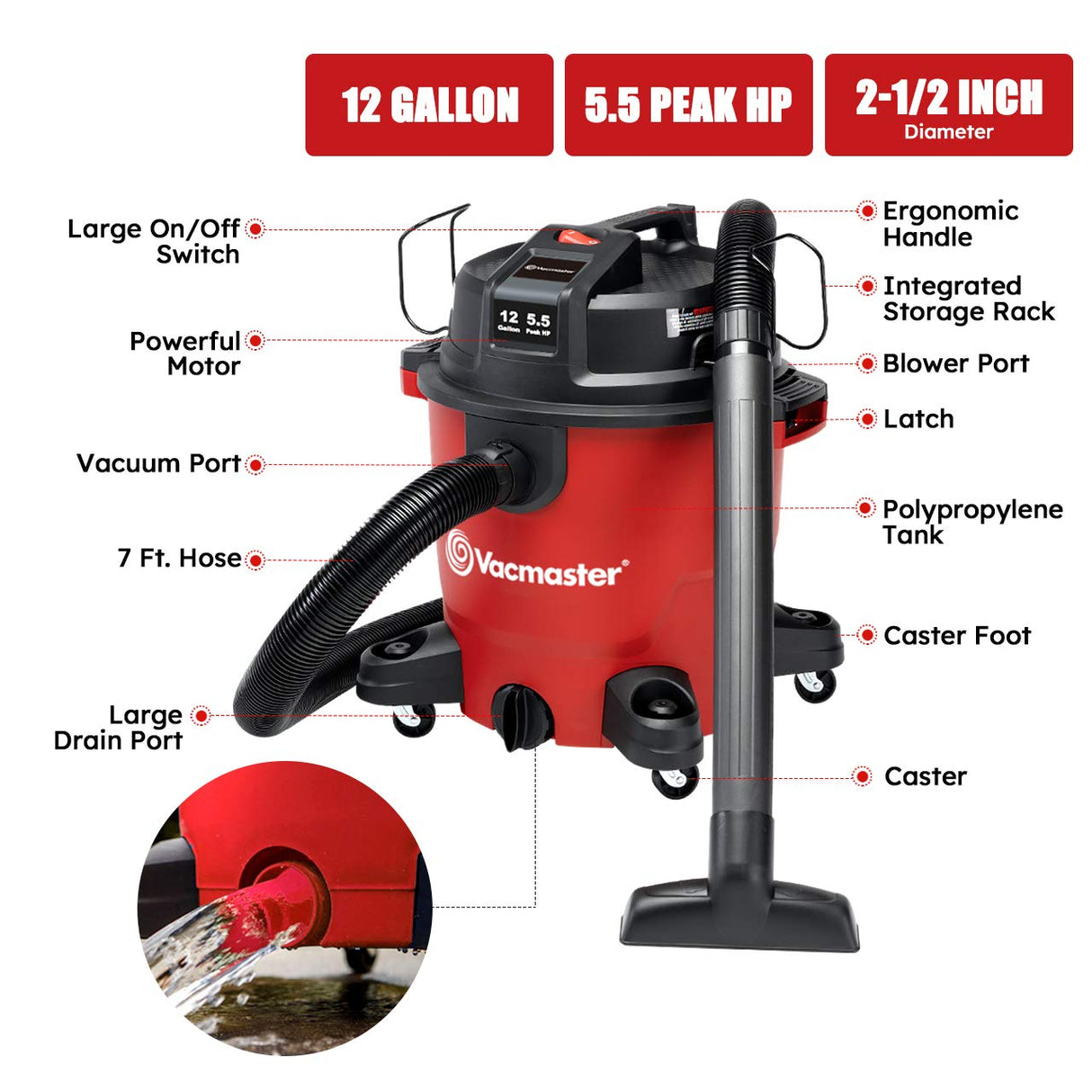 Vacmaster Red Edition VJH1211PF 1101 Heavy-Duty Wet Dry Vacuum Cleaner 12 Gallon 5.5 Peak HP 2-1/2 inch Hose Vacmaster
