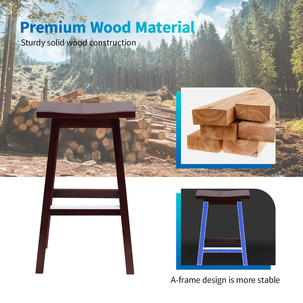 PayLessHere Bar Stools Set of 2 for Kitchen Counter Solid Wooden Saddle Stools 30-Inch Height Home Furniture Barstool, Brown PayLessHere