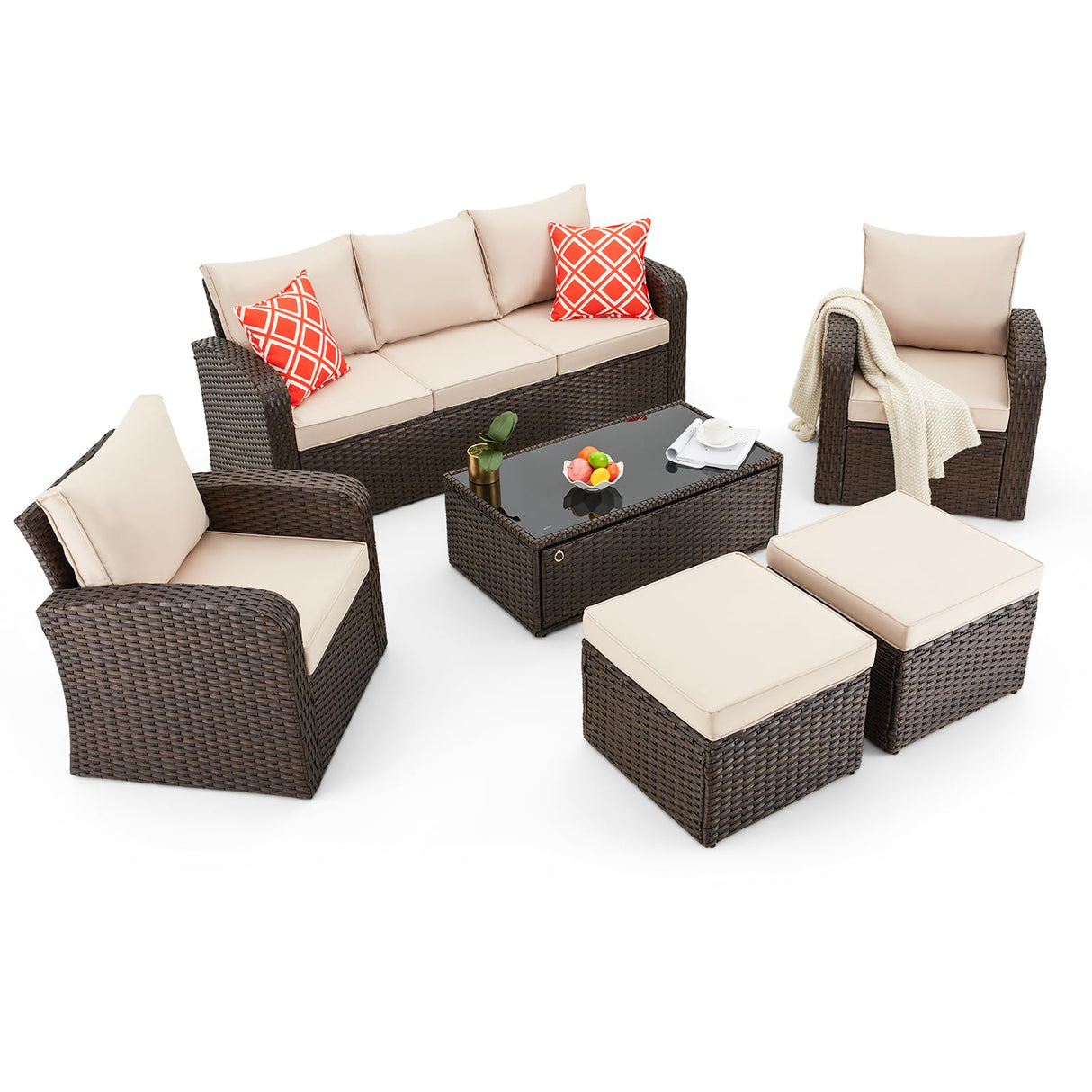 HOMREST 6 Pieces Patio Furniture Sets, All Weather Wicker Patio Conversation Sets with Storage Glass Coffee Table, Outdoor Sectional Sofa w/Ottomans, Cushions & Pillows for Garden, Lawn, Balcony HOMREST