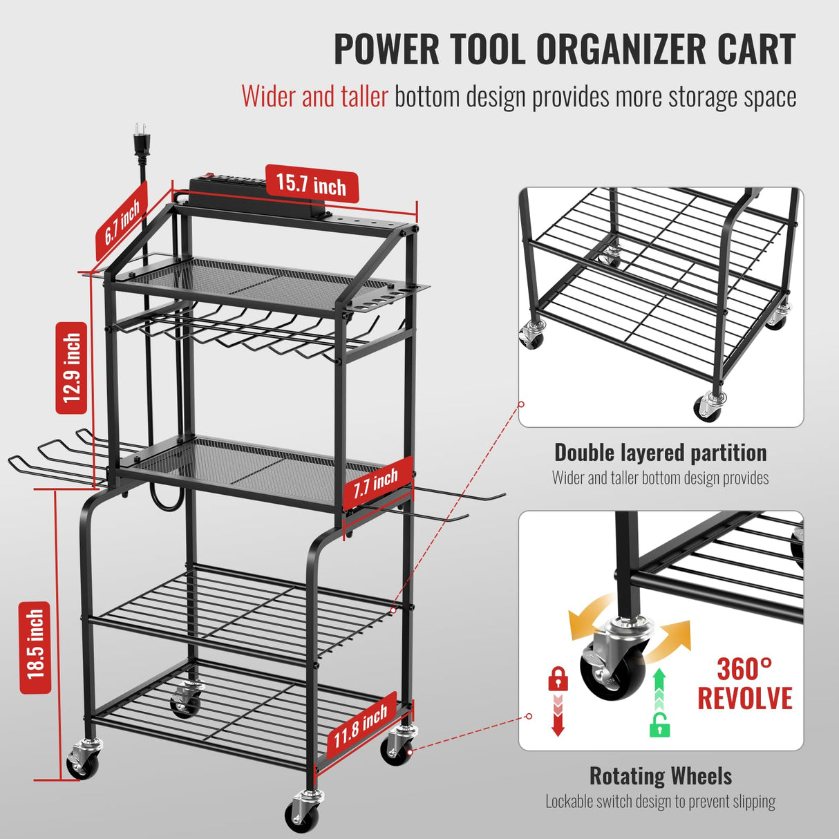 Power Tool Organizer Cart with Charging Station, Garage Floor Standing Rolling Drill and Tools Battery Storage Cart on Wheels, Rolling Tool Cart with 6 Outlet Power Strip FULOOPHI