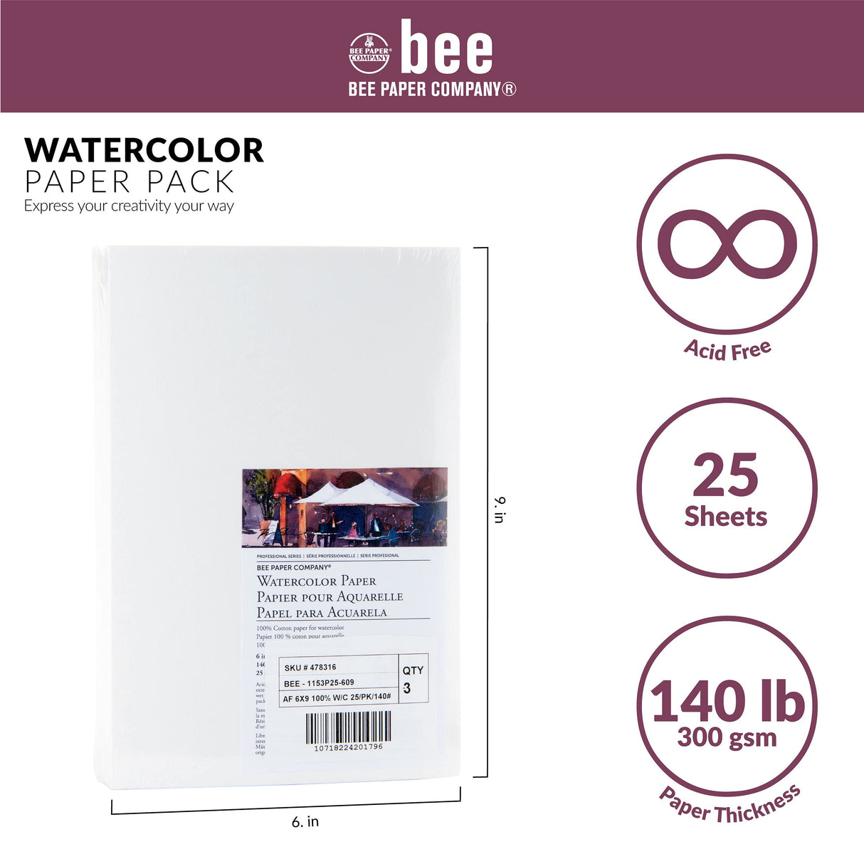 Bee Paper 6" x 9" Watercolor Paper Pack, 140lb, 50 Sheets Bee Paper Company
