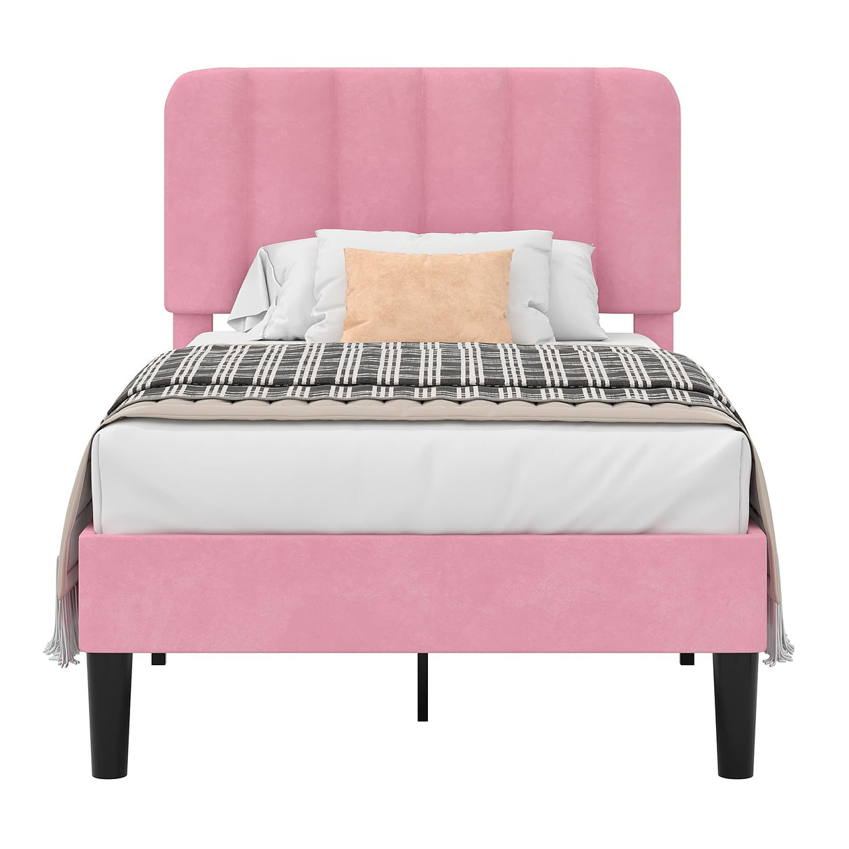 VECELO Twin Size Bed Frame with Upholstered Headboard, Velvet Platform Bedframe Mattress Foundation, Strong Wood Slat Support, No Box Spring Needed,Pink VECELO