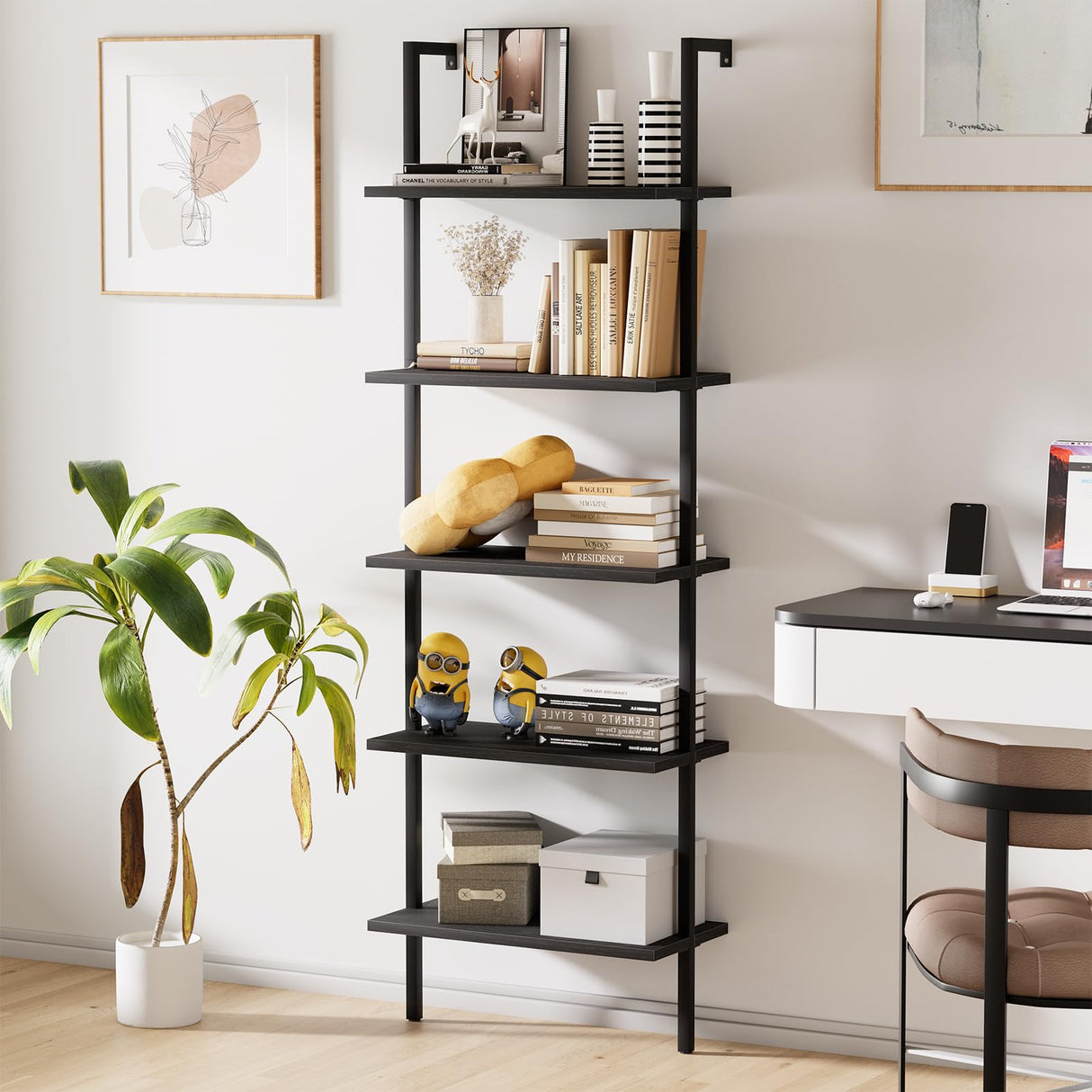 aboxoo Ladder Shelf Open 5-Tier Bookshelf Wall-Mounted Black Wood Bookcase Storage Rack Open Industrial Modern Plant Stand Utility Organizer Bookcase Metal Frame Furniture Office Bedroom aboxoo