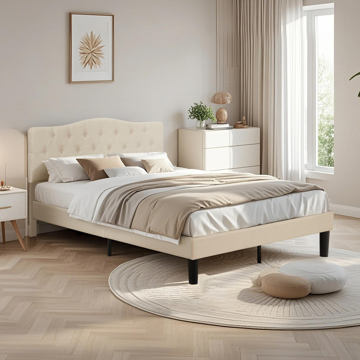 VECELO Queen Size Platform Bed Frame with Fabric Upholstered Headboard and Wooden Slats Support, No Box Spring Needed/Easy Assembly,Beige VECELO