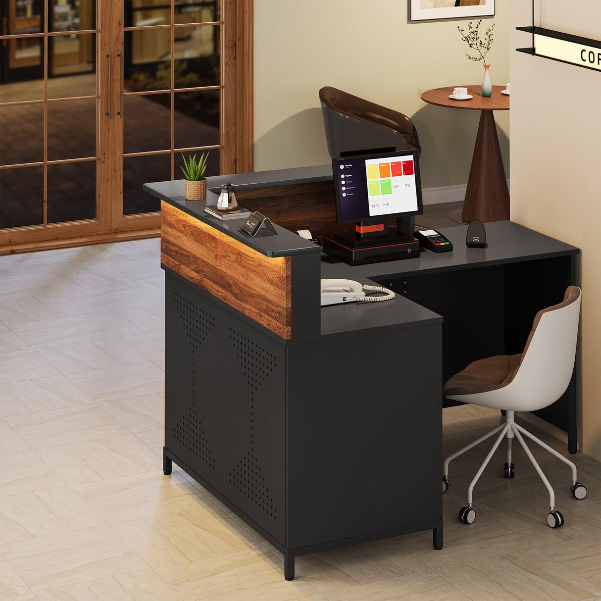 Condemo L-Shaped Reception Desk with LED Lights, 60 inch Modern Front Desk, Checkout Counter Table for Office, Lobby, Cafe, Beauty Salon, Black and Walnut Condemo