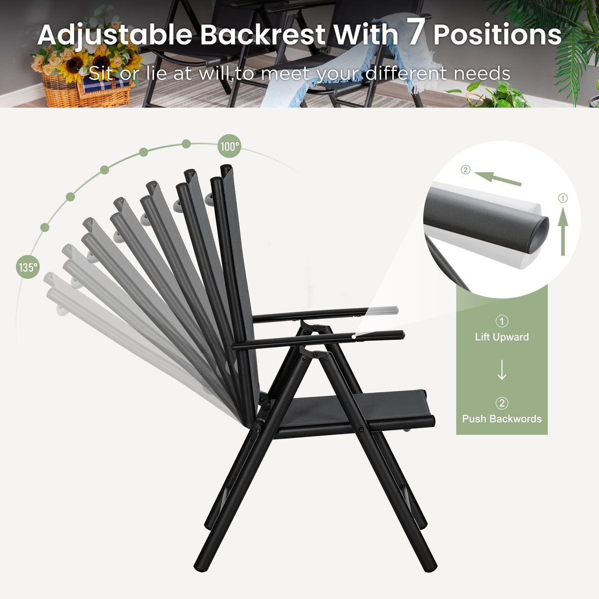 PHI VILLA 5 Pcs Patio Dining Set with Patio Table and Chairs, Outdoor Dining Set for 4 with Adjustable Patio Folding Chairs & Square Patio Dining Table with 1.57" Umbrella Hole, Black PHI VILLA