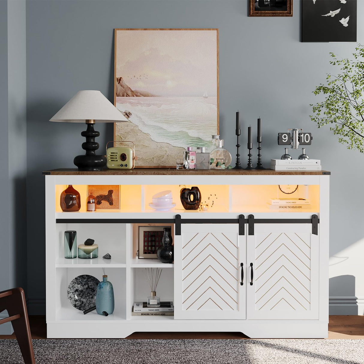 amzzar 58” Wooden Farmhouse TV Stand for 65 inch TV, Rustic Tall Entertainment Center with Power Outlets and Sliding Barn Door, TV Console Cabinet with Storage for Living Room, White, Large amzzar