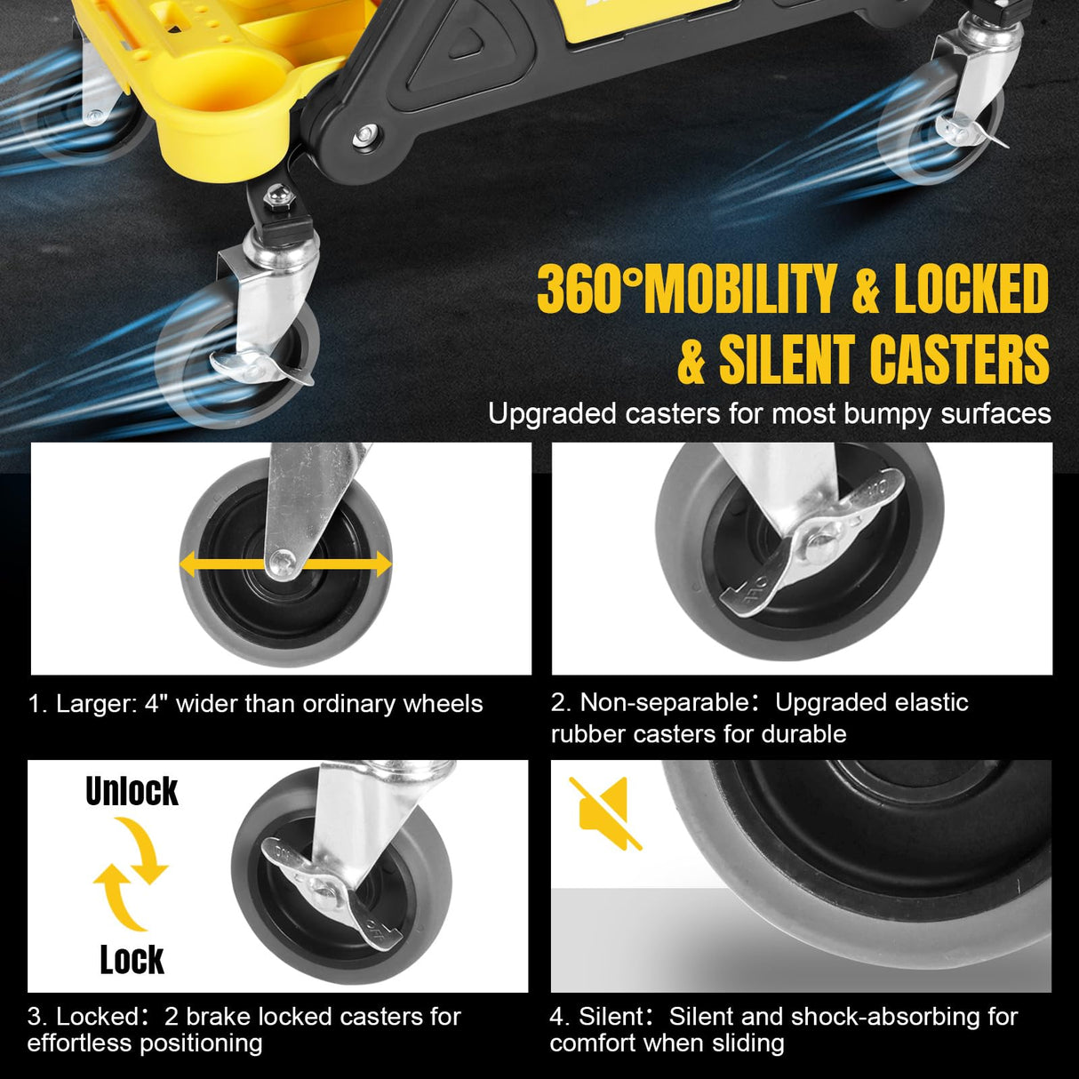 YELLOW JACKET Mechanic Stool with Wheels Rolling Stool Chair 300 lbs Capacity,Garage Mechanics Seat with Two Tool Tray and A Drawer Workshop Creeper Seat for Auto Repair Work YELLOW JACKET