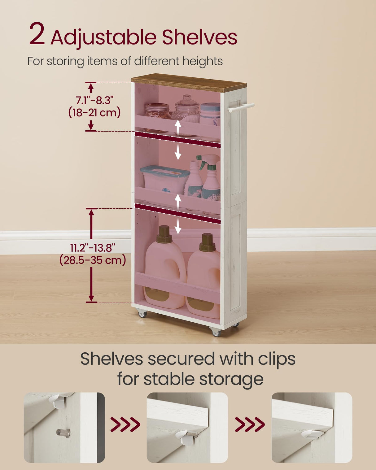 VASAGLE 4-Tier Slide-Out Storage Cart, Slim Kitchen Cart for Small Spaces, with Wheels, Handle, Bathroom, Laundry Room, 5.9 x 17 x 34.1 Inches, Rustic White and Honey Brown ULRC050K01 VASAGLE