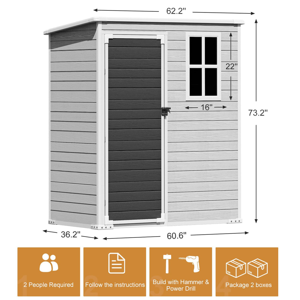 Outdoor Resin Storage Shed with Floor Included 5x3 FT, Waterproof Outside Sheds with Window Lockable Door, Plastic Sheds for Backyard Garden Patio Lawn Tools, Gray WELYAS