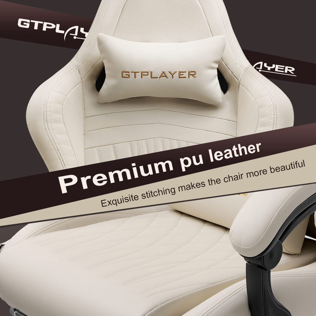 GTPLAYER Gaming Chair, Computer Chair with Footrest and Bluetooth Speakers, High Back Ergonomic Gaming Chair, Reclining Gaming Chair with Linkage Armrests for Adults by GTRacing (Leather, Ivory) GTPLAYER