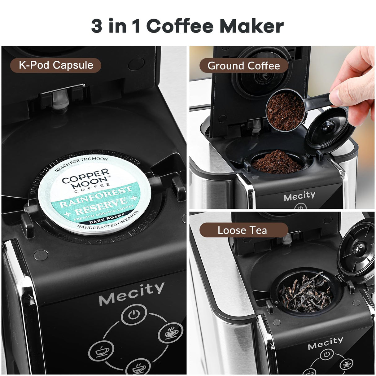 Mecity Coffee Maker 3 in 1 Single Serve Coffee Machine, Compatible with K cup Capsules, Instant Coffee Pot, Tea maker, 6,8,10 Oz Cup, Removable 50 Oz Water Reservoir, 120V 1150W Mecity