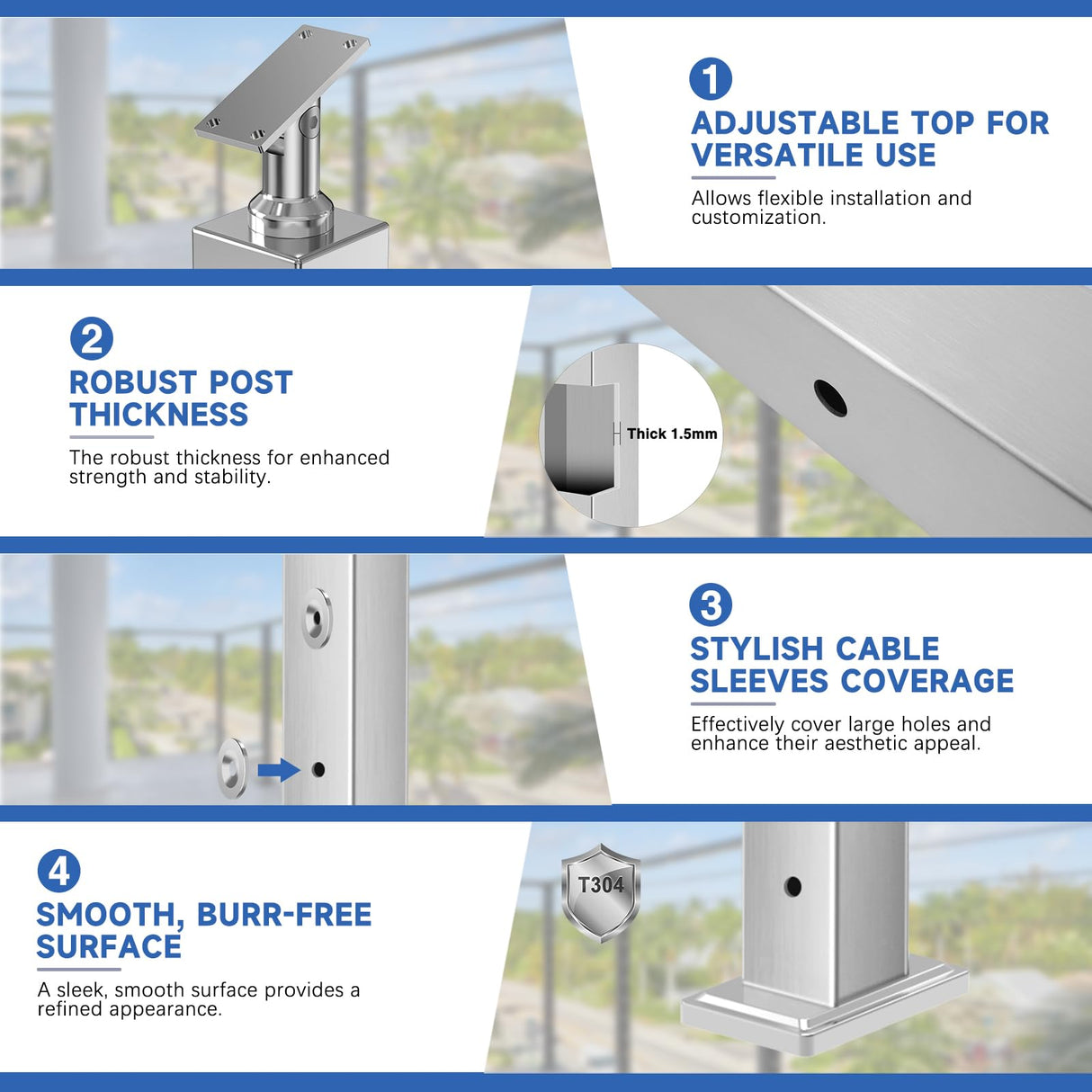 Gyykzz One-Stop Cable Railing Post Kits, 4Pack Brushed Finish Level Drilled Line Post 36", Adjustable Top Cable Railing System Including 4 Railing Posts, 160ft Cable, 10 Set Terminal, 80 Cable Sleeves Gyykzz