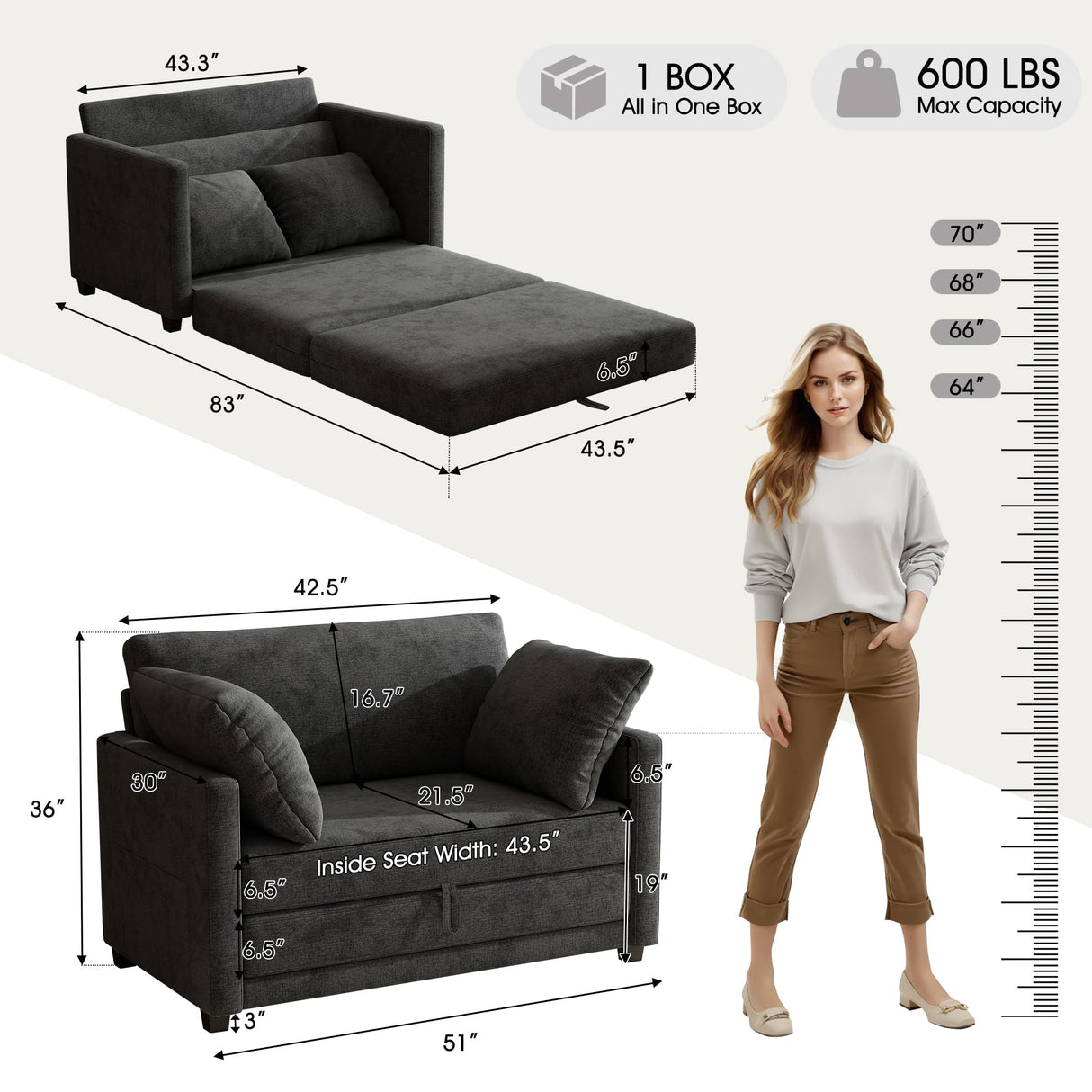 kakuboohi 51" Loveseat Sleeper Sofa Bed, Chenille Convertible Floor Sofa Bed for Small Spaces, Folding Couch Bed with Deep Seat, 2 Pillows & Solid Frame, Pull Out Floor Couch for Living Room, Black kakuboohi