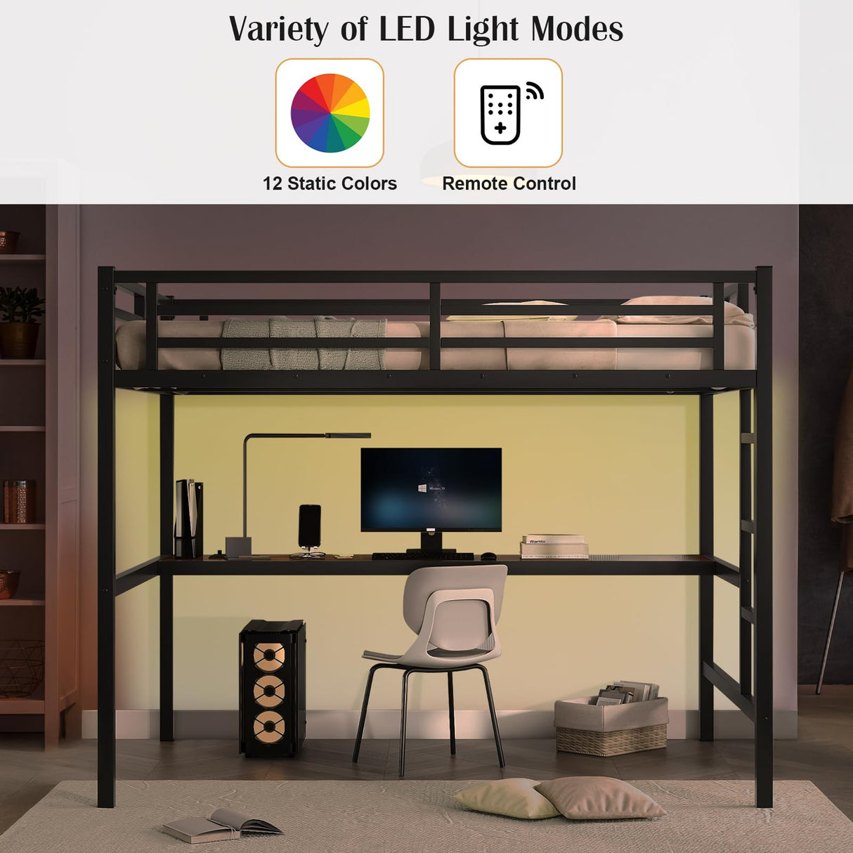 MAKIAAP Full Loft Bed with Desk, Metal High Loft Bed with LED Lights, Charging Station, Full Loft Bed Frames for Kids, Junior, Space Saving, Noise Free, Black (Black, Full) MAKIAAP
