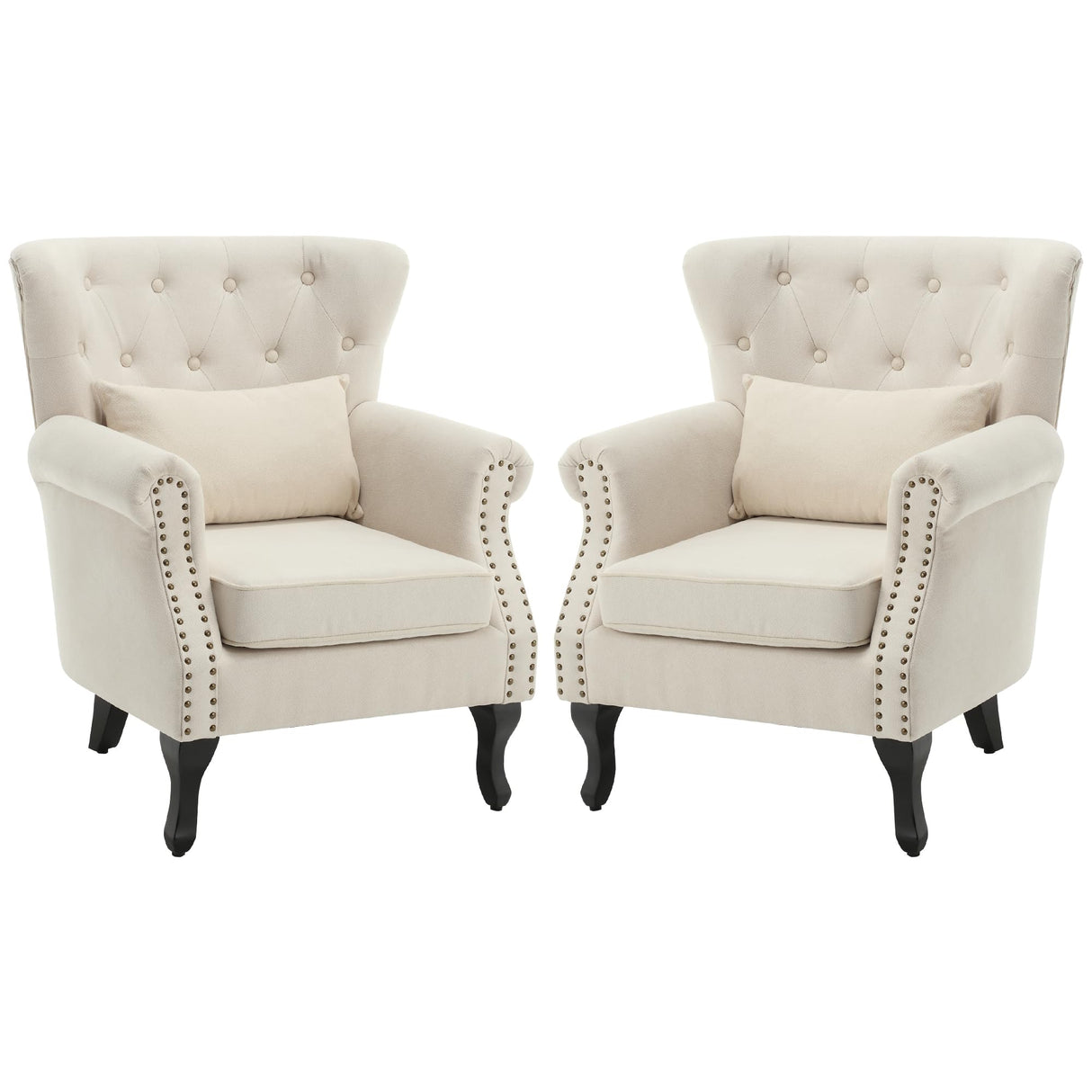 ABET Linen Wingback Chair Set of 2, Upholstered Club Chair for Living Room, Modern Rivet Trim Accent Armchair with Removable Lumbar Pillow, Comfy Single Sofa for Living Reading Room, Beige ABET