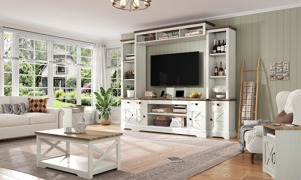 AMERLIFE 98" Farmhouse Entertainment Center Wall Unit with Bookshelves, Wine Cabinet, Fits 78" TVs, Large TV Stand with Power Outlets & Barn Door, Rustic Media Console for Living Room, White AMERLIFE