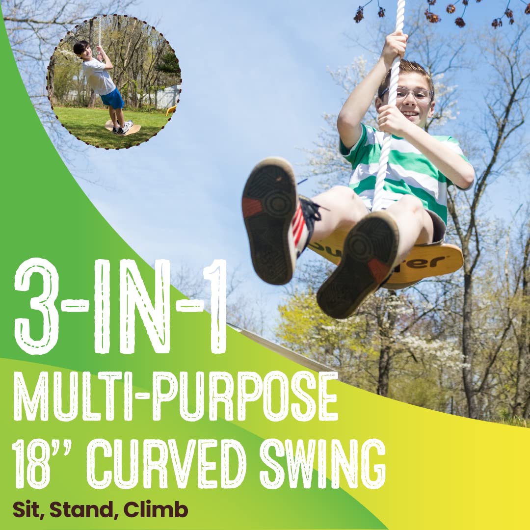 Swurfer Swift - Maple Wood Disc Swing for Kids Ages 4 and Up, Holds up to 150 Pounds - Includes 18" Curved Seat Swing with Heavy Duty Braided Rope, Brown Swurfer