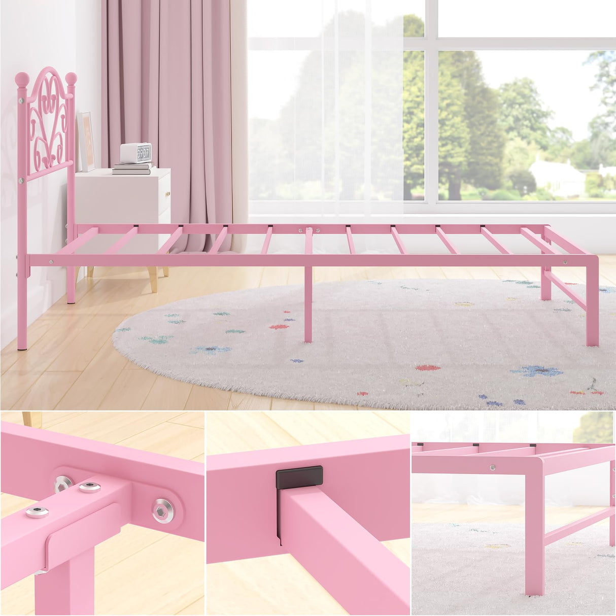 Elephance Twin Bed Frame with Headboard Metal Bed Frame Twin Size with Storage Space No Box Spring Needed Easy Assembly,Pink Elephance